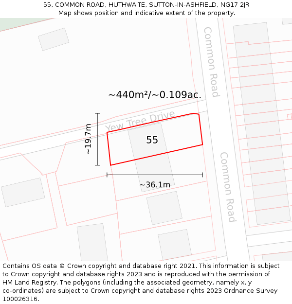 55, COMMON ROAD, HUTHWAITE, SUTTON-IN-ASHFIELD, NG17 2JR: Plot and title map