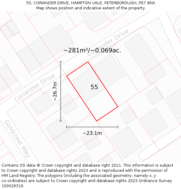 55, CORIANDER DRIVE, HAMPTON VALE, PETERBOROUGH, PE7 8NX: Plot and title map