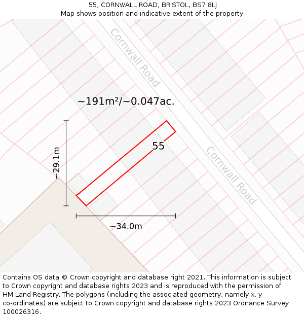 55, CORNWALL ROAD, BRISTOL, BS7 8LJ: Plot and title map