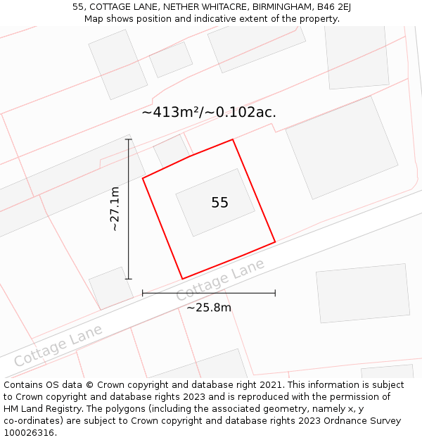 55, COTTAGE LANE, NETHER WHITACRE, BIRMINGHAM, B46 2EJ: Plot and title map