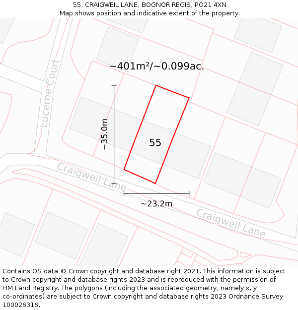 55, CRAIGWEIL LANE, BOGNOR REGIS, PO21 4XN: Plot and title map