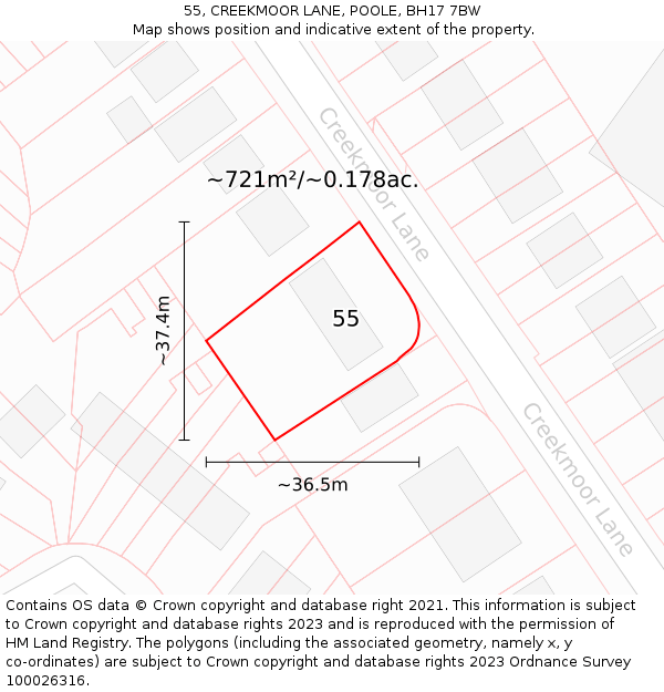 55, CREEKMOOR LANE, POOLE, BH17 7BW: Plot and title map