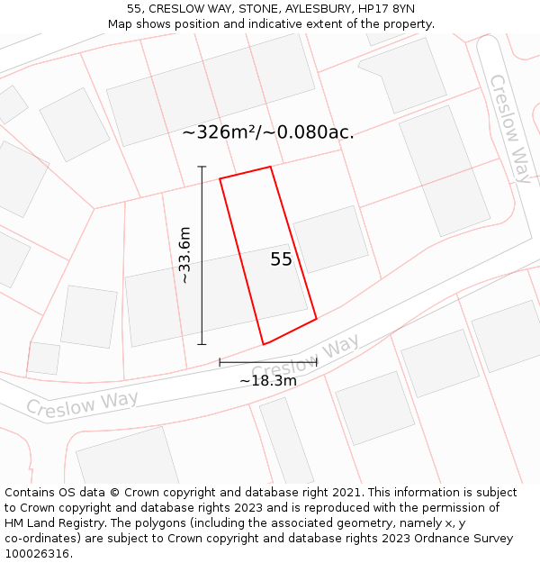 55, CRESLOW WAY, STONE, AYLESBURY, HP17 8YN: Plot and title map