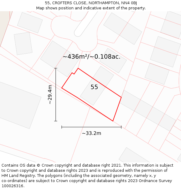 55, CROFTERS CLOSE, NORTHAMPTON, NN4 0BJ: Plot and title map
