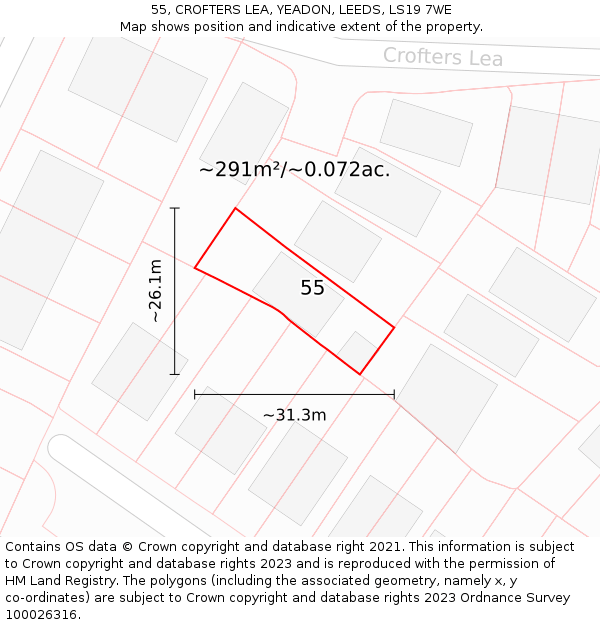 55, CROFTERS LEA, YEADON, LEEDS, LS19 7WE: Plot and title map