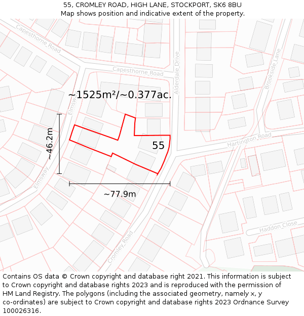55, CROMLEY ROAD, HIGH LANE, STOCKPORT, SK6 8BU: Plot and title map