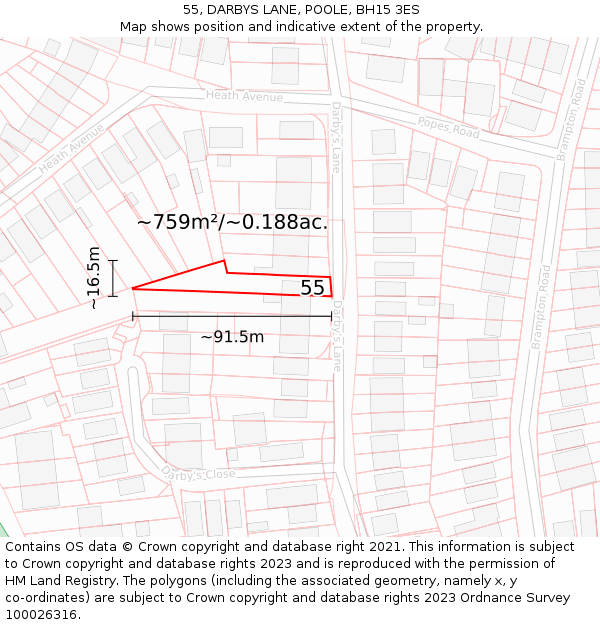 55, DARBYS LANE, POOLE, BH15 3ES: Plot and title map