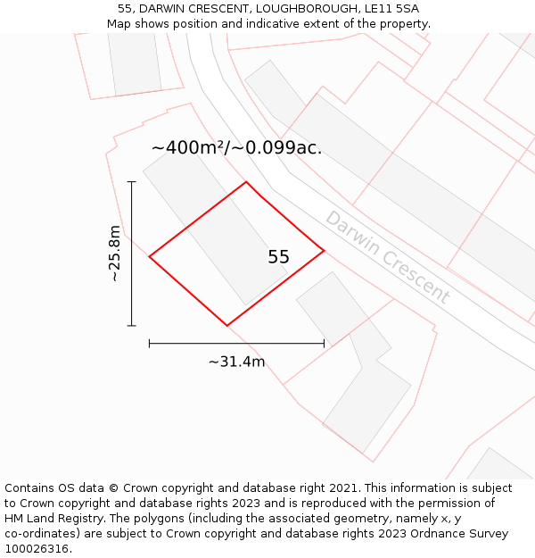 55, DARWIN CRESCENT, LOUGHBOROUGH, LE11 5SA: Plot and title map