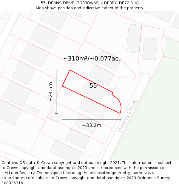 55, DEANS DRIVE, BORROWASH, DERBY, DE72 3HQ: Plot and title map