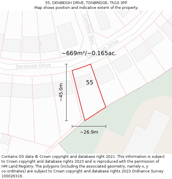 55, DENBEIGH DRIVE, TONBRIDGE, TN10 3PP: Plot and title map