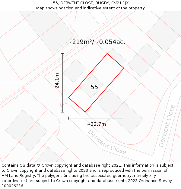 55, DERWENT CLOSE, RUGBY, CV21 1JX: Plot and title map