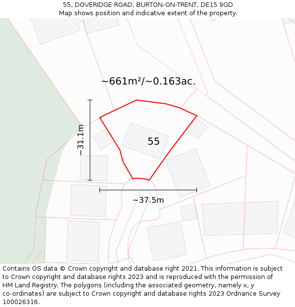 55, DOVERIDGE ROAD, BURTON-ON-TRENT, DE15 9GD: Plot and title map