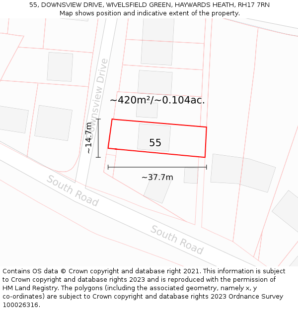 55, DOWNSVIEW DRIVE, WIVELSFIELD GREEN, HAYWARDS HEATH, RH17 7RN: Plot and title map