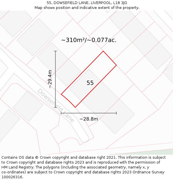 55, DOWSEFIELD LANE, LIVERPOOL, L18 3JG: Plot and title map