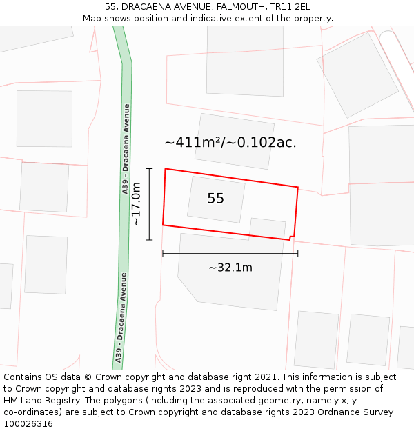 55, DRACAENA AVENUE, FALMOUTH, TR11 2EL: Plot and title map