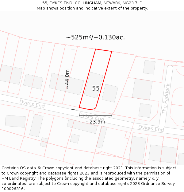 55, DYKES END, COLLINGHAM, NEWARK, NG23 7LD: Plot and title map