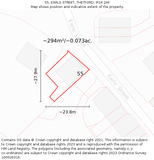 55, EARLS STREET, THETFORD, IP24 2AF: Plot and title map