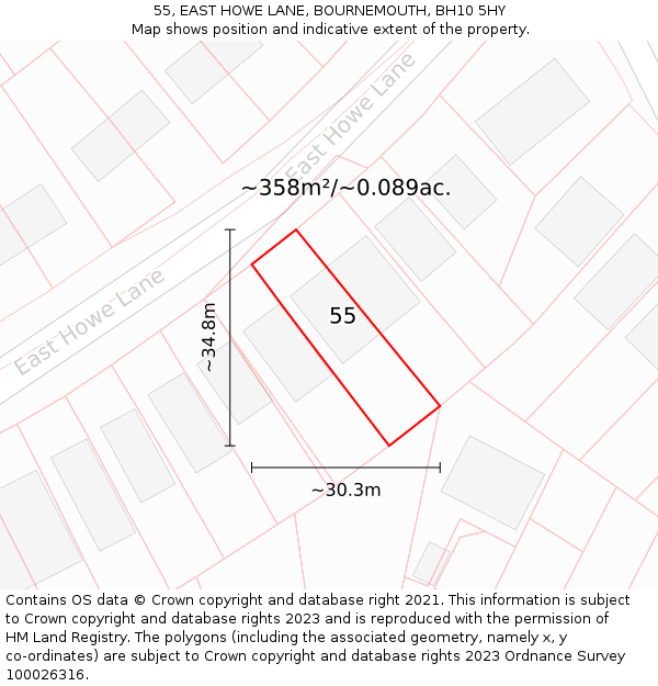 55, EAST HOWE LANE, BOURNEMOUTH, BH10 5HY: Plot and title map