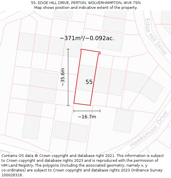 55, EDGE HILL DRIVE, PERTON, WOLVERHAMPTON, WV6 7SN: Plot and title map