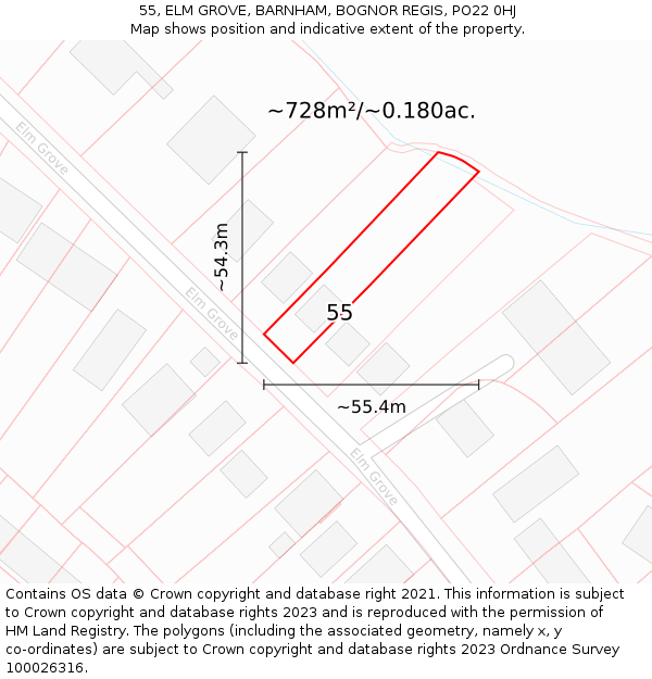 55, ELM GROVE, BARNHAM, BOGNOR REGIS, PO22 0HJ: Plot and title map