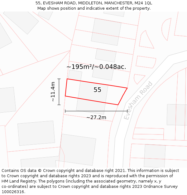 55, EVESHAM ROAD, MIDDLETON, MANCHESTER, M24 1QL: Plot and title map