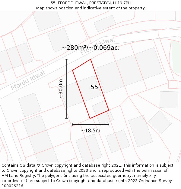 55, FFORDD IDWAL, PRESTATYN, LL19 7PH: Plot and title map