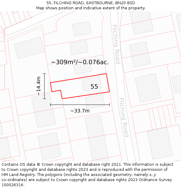 55, FILCHING ROAD, EASTBOURNE, BN20 8SD: Plot and title map