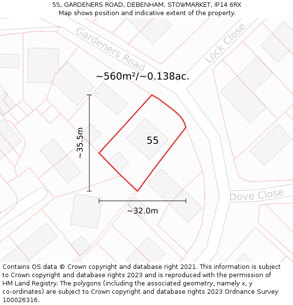 55, GARDENERS ROAD, DEBENHAM, STOWMARKET, IP14 6RX: Plot and title map