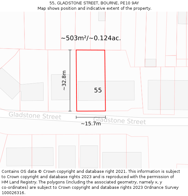 55, GLADSTONE STREET, BOURNE, PE10 9AY: Plot and title map