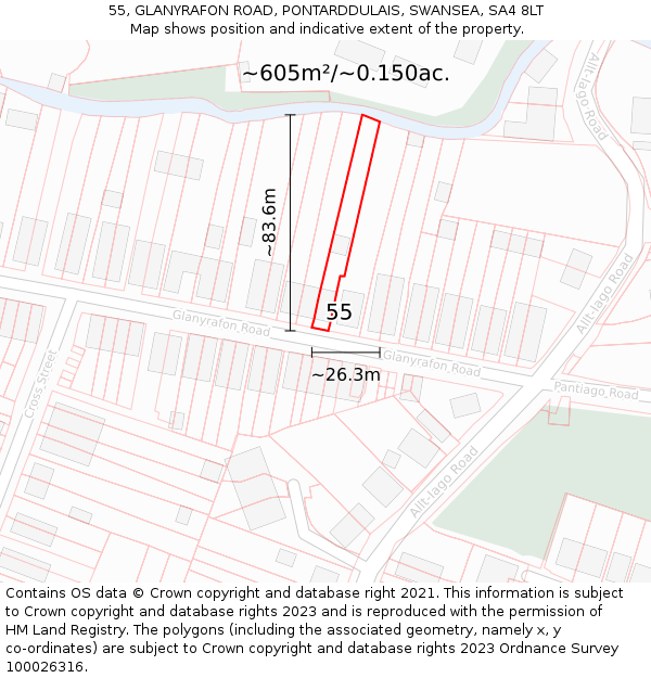55, GLANYRAFON ROAD, PONTARDDULAIS, SWANSEA, SA4 8LT: Plot and title map