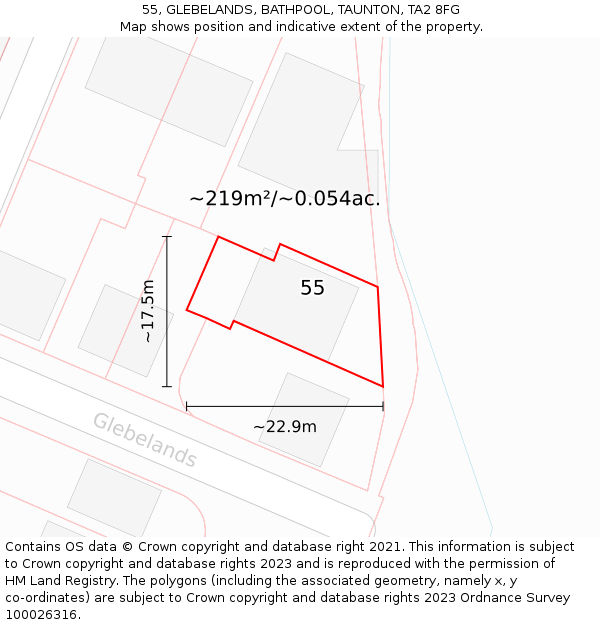 55, GLEBELANDS, BATHPOOL, TAUNTON, TA2 8FG: Plot and title map