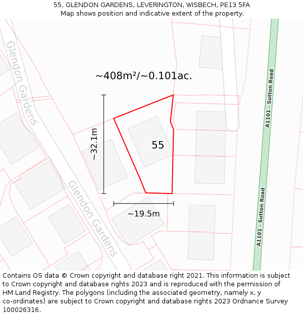 55, GLENDON GARDENS, LEVERINGTON, WISBECH, PE13 5FA: Plot and title map