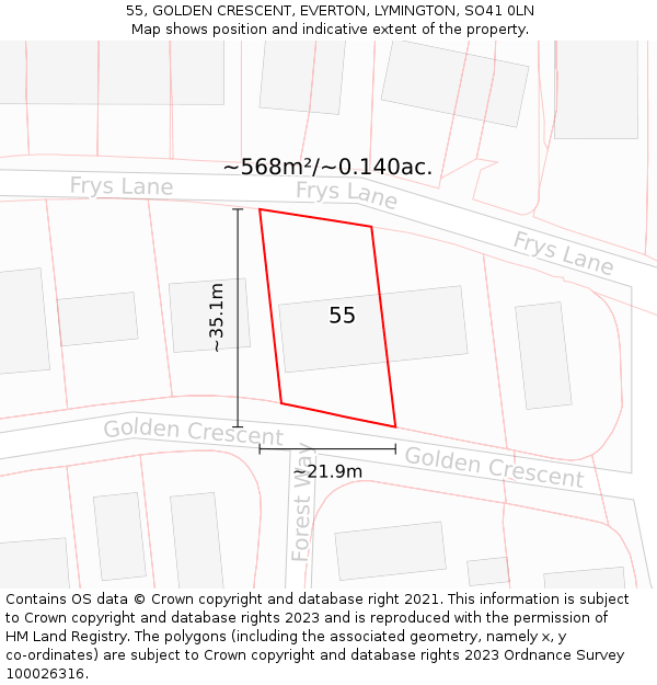 55, GOLDEN CRESCENT, EVERTON, LYMINGTON, SO41 0LN: Plot and title map