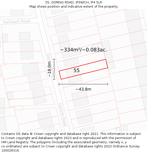 55, GORING ROAD, IPSWICH, IP4 5LR: Plot and title map