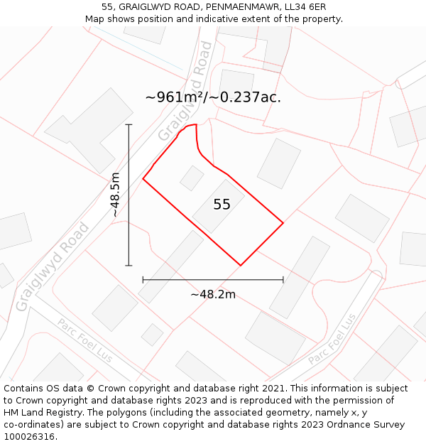 55, GRAIGLWYD ROAD, PENMAENMAWR, LL34 6ER: Plot and title map