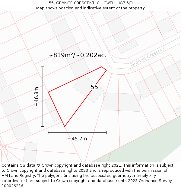 55, GRANGE CRESCENT, CHIGWELL, IG7 5JD: Plot and title map