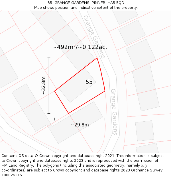 55, GRANGE GARDENS, PINNER, HA5 5QD: Plot and title map