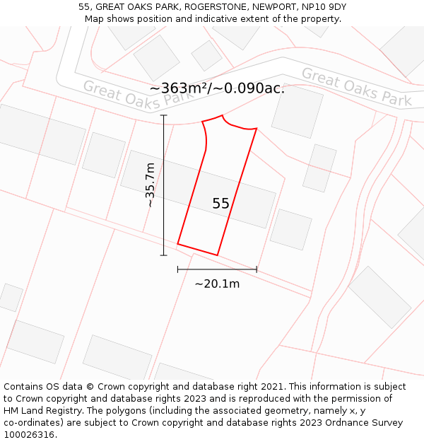 55, GREAT OAKS PARK, ROGERSTONE, NEWPORT, NP10 9DY: Plot and title map