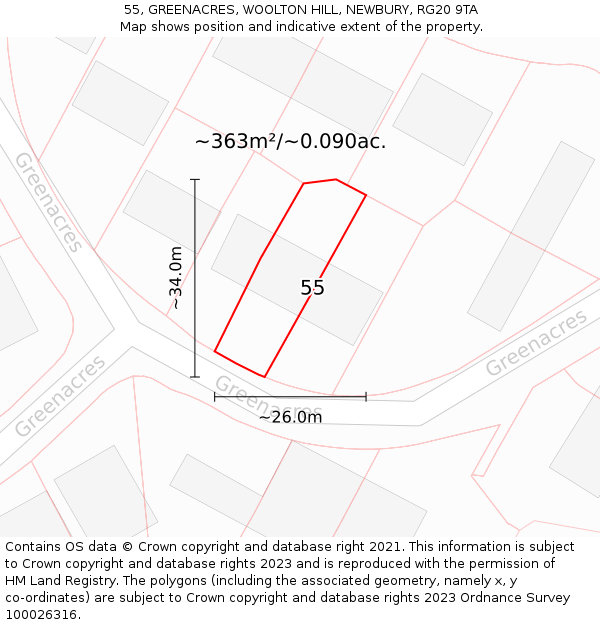 55, GREENACRES, WOOLTON HILL, NEWBURY, RG20 9TA: Plot and title map
