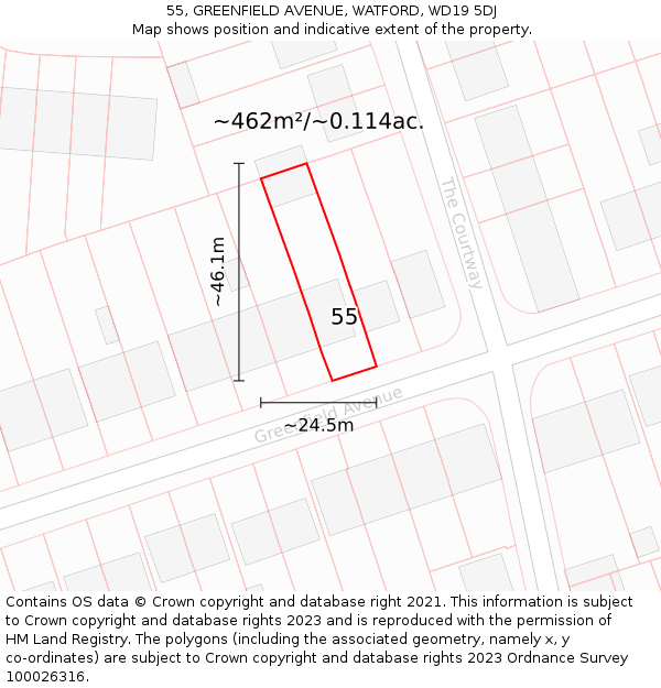 55, GREENFIELD AVENUE, WATFORD, WD19 5DJ: Plot and title map