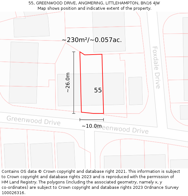 55, GREENWOOD DRIVE, ANGMERING, LITTLEHAMPTON, BN16 4JW: Plot and title map