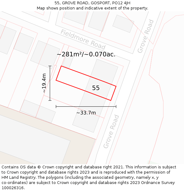 55, GROVE ROAD, GOSPORT, PO12 4JH: Plot and title map