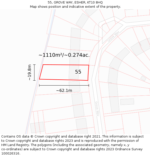 55, GROVE WAY, ESHER, KT10 8HQ: Plot and title map