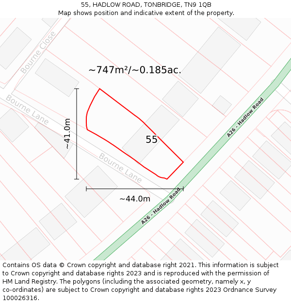 55, HADLOW ROAD, TONBRIDGE, TN9 1QB: Plot and title map