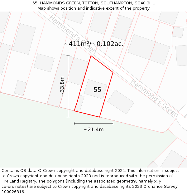 55, HAMMONDS GREEN, TOTTON, SOUTHAMPTON, SO40 3HU: Plot and title map