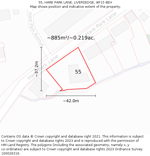 55, HARE PARK LANE, LIVERSEDGE, WF15 8EH: Plot and title map