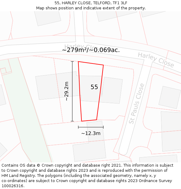 55, HARLEY CLOSE, TELFORD, TF1 3LF: Plot and title map