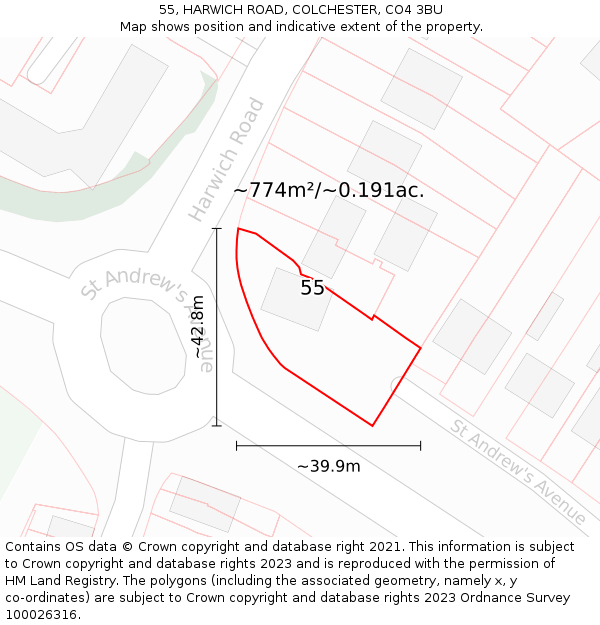 55, HARWICH ROAD, COLCHESTER, CO4 3BU: Plot and title map