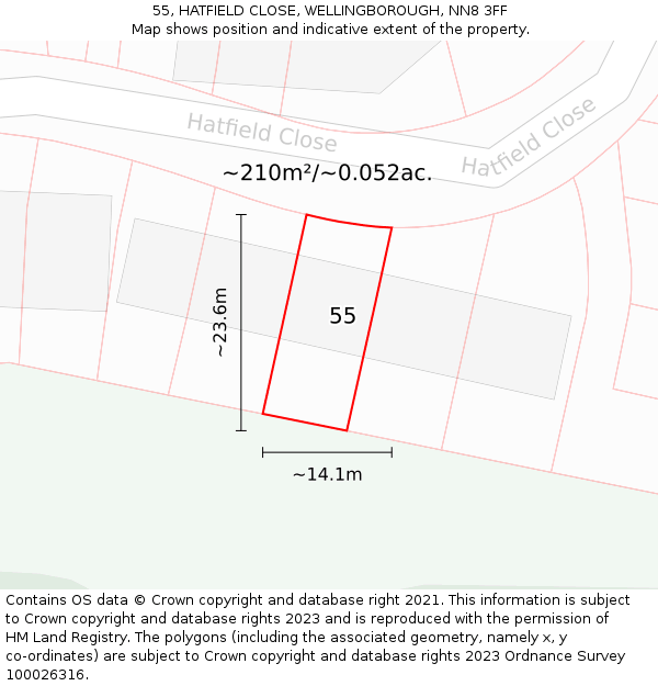 55, HATFIELD CLOSE, WELLINGBOROUGH, NN8 3FF: Plot and title map