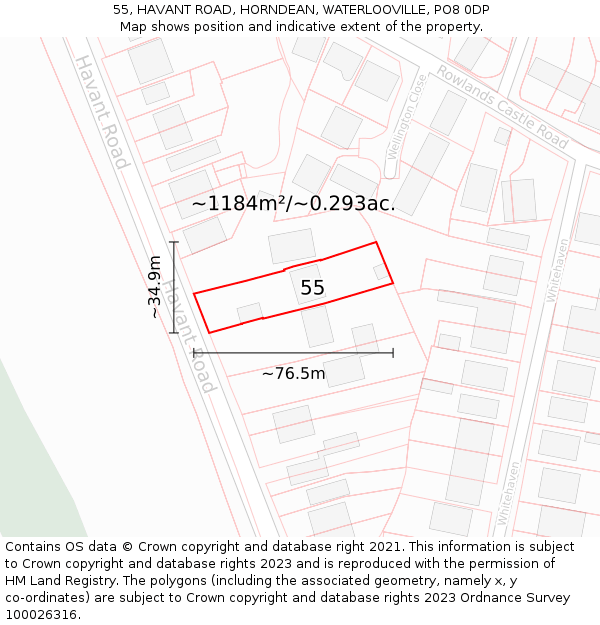 55, HAVANT ROAD, HORNDEAN, WATERLOOVILLE, PO8 0DP: Plot and title map